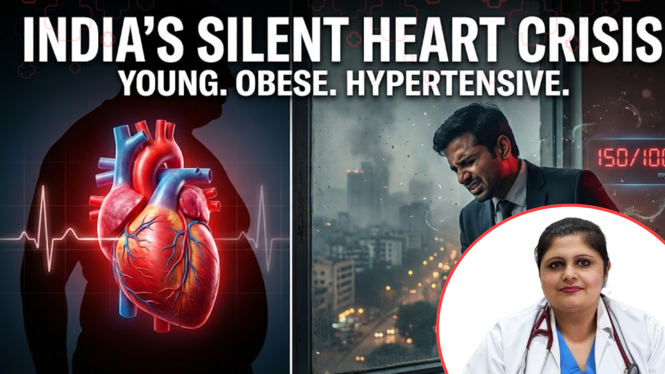Glowing red heart and young Indian man with chest pain symbolizing India’s silent heart health crisis.