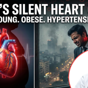 Glowing red heart and young Indian man with chest pain symbolizing India’s silent heart health crisis.