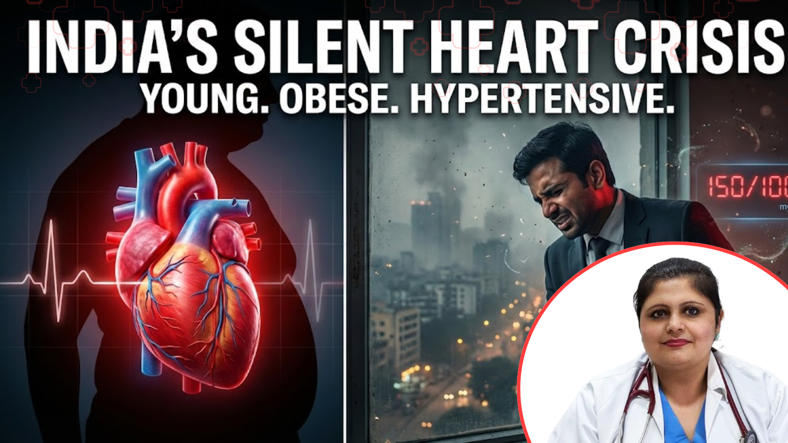 Glowing red heart and young Indian man with chest pain symbolizing India’s silent heart health crisis.